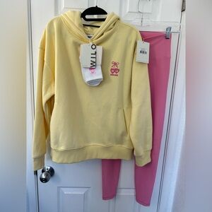 Wilo The Label Yellow Hoodie Set, Pink Ribbed Leggings, socks- *Read description